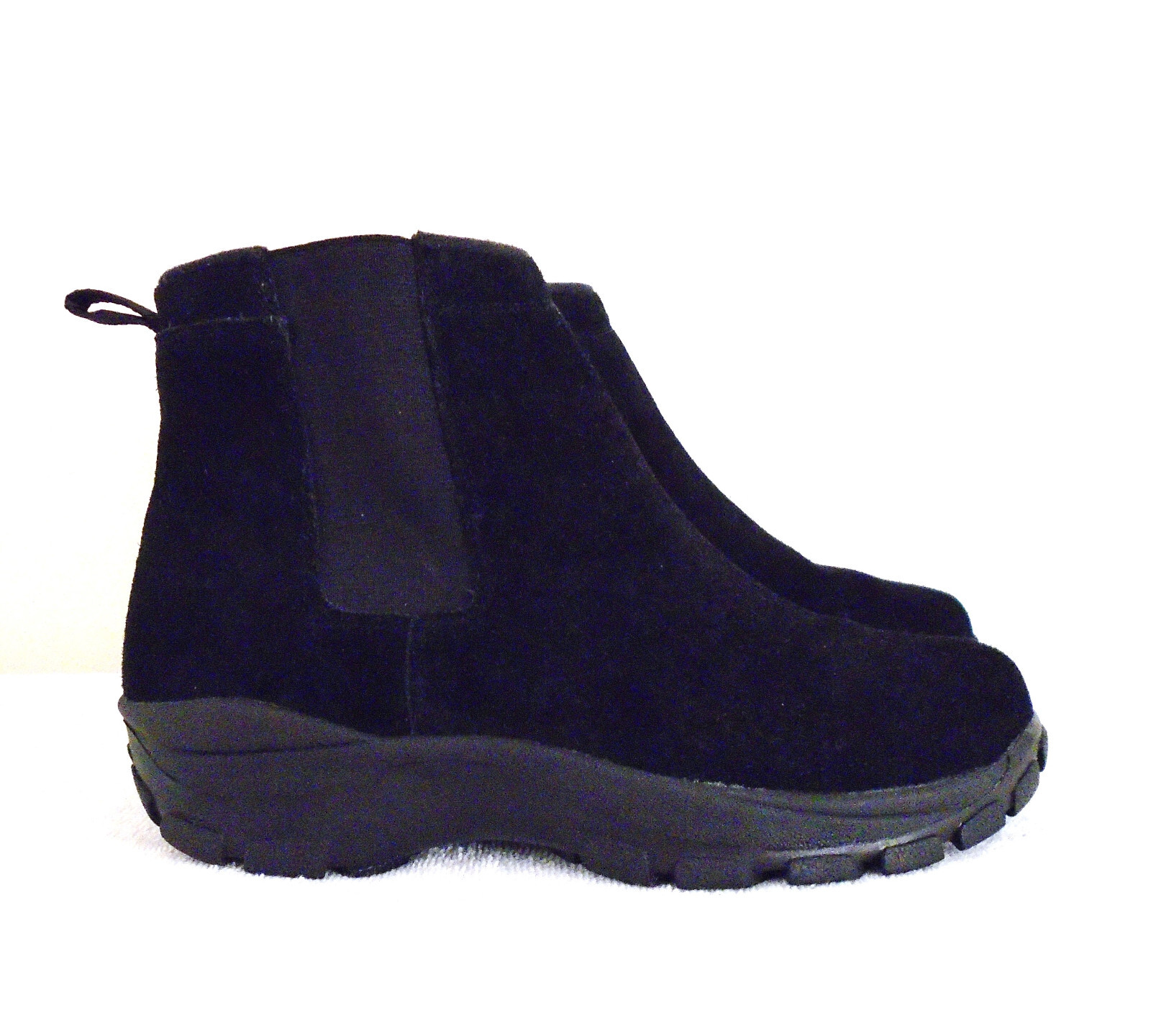 Lands End Womens Size 8 Black Suede Pull On Low Wedge Heel Chelsea Boots