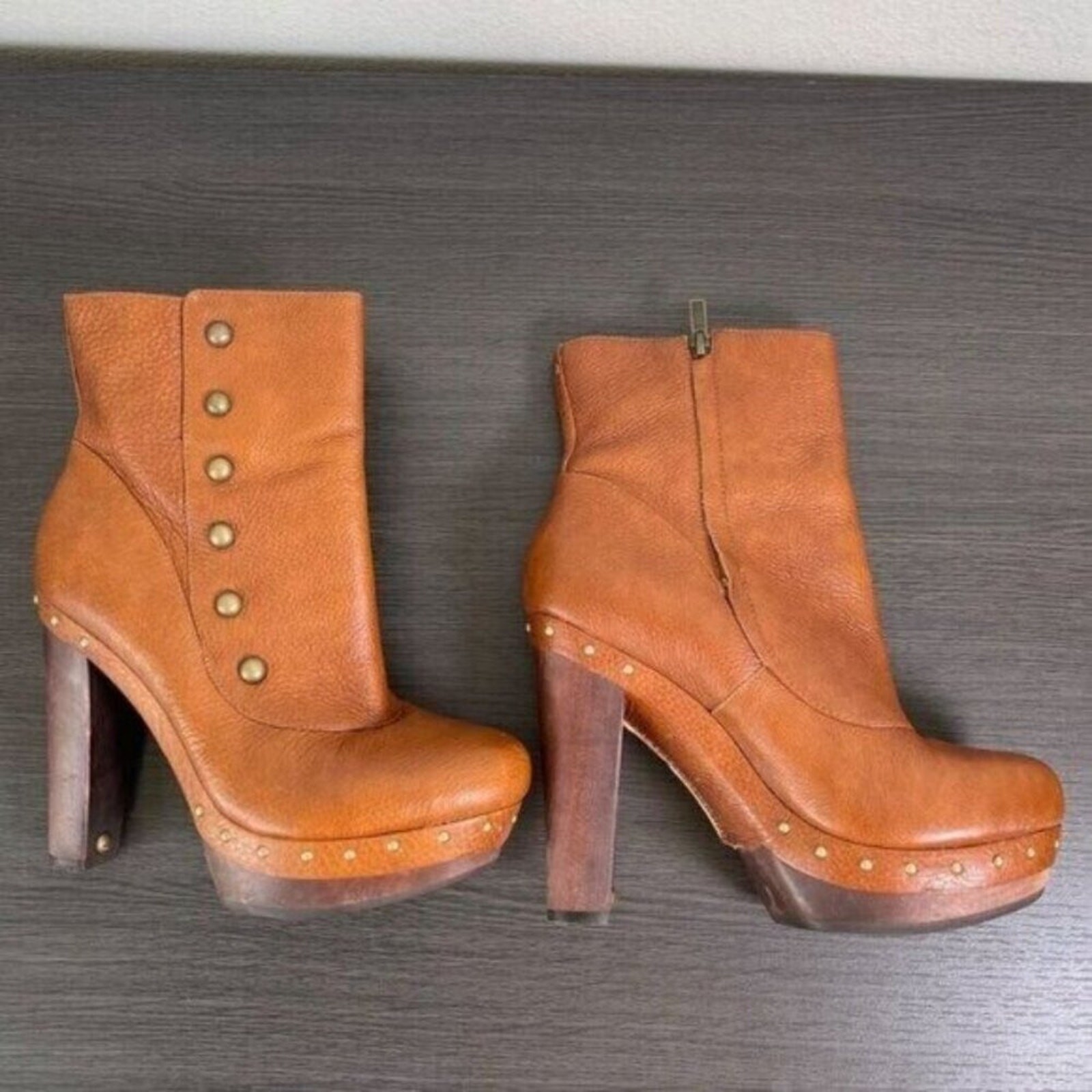 UGG Cosima Studded Brown Leather Heeled Mid-Calf Platform Boots Zip Closure 9.5