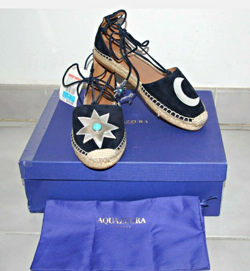Aquazzura Poppy-Delevingne Midnight Star Moon Lace Up Espadrilles sz US 6/ IT 36