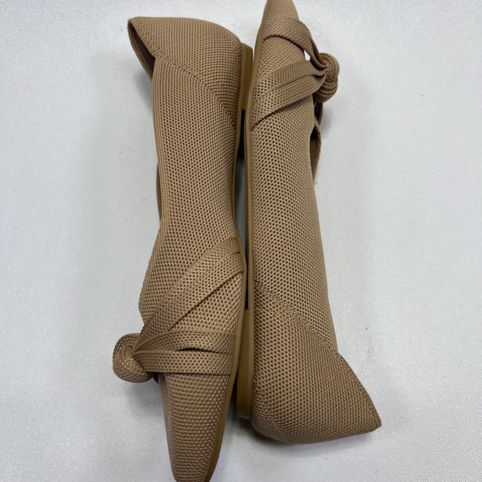 Tahari Catalina Flats Womens Size 9 Tan Knit Pointed Toe Knot Bow Ballet Slip On