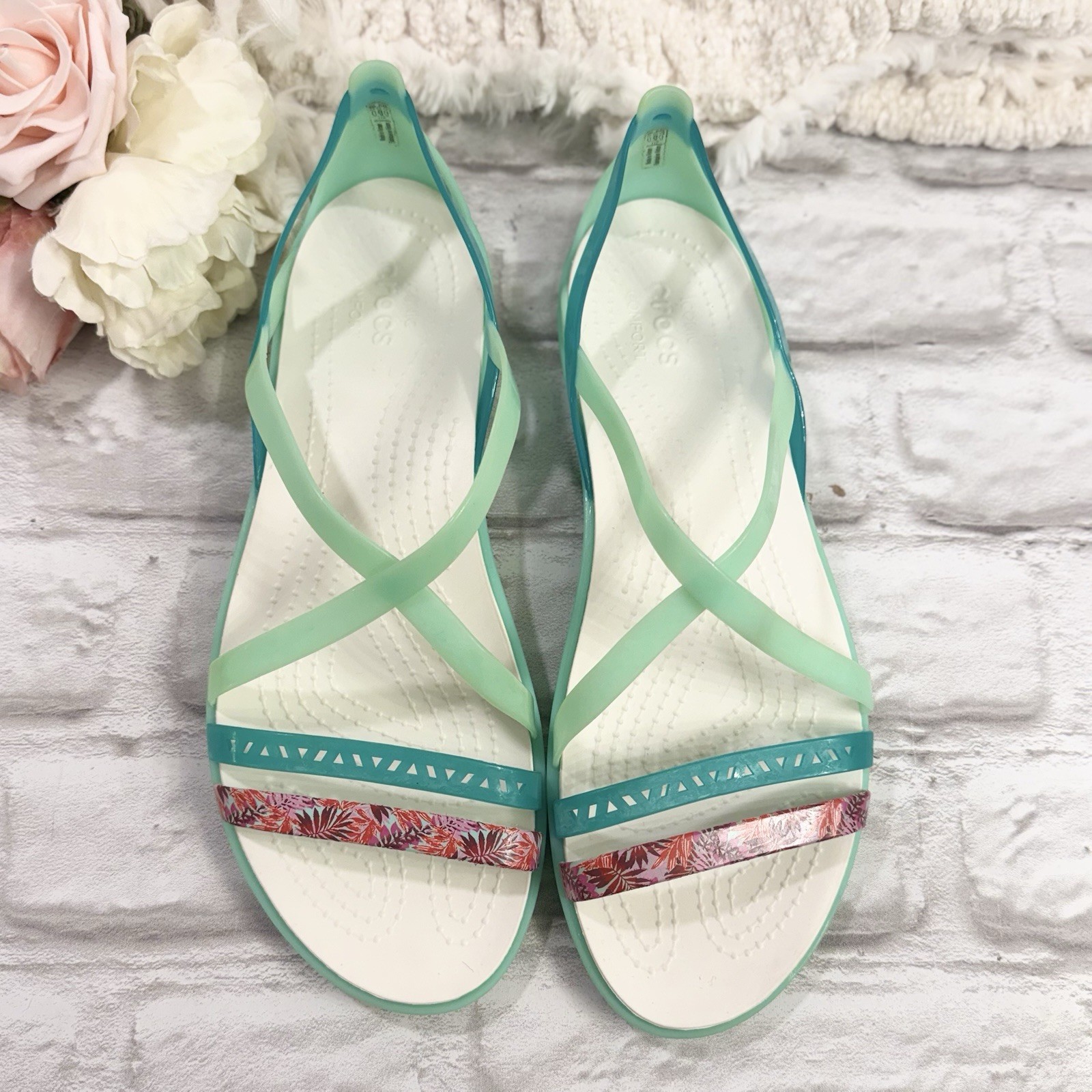 Crocs Isabella Iconic Jelly Strappy Sandals Flats Womens 11W Leaf Print Green