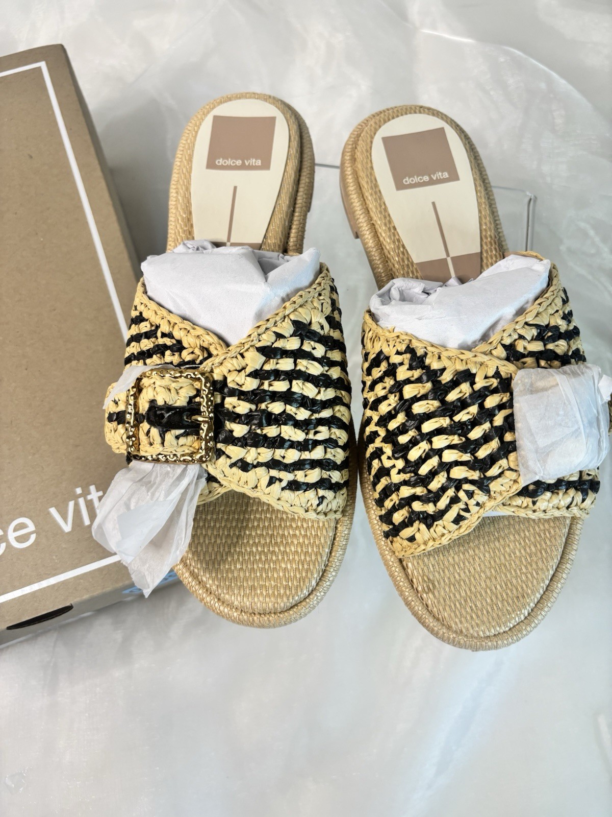 Dolce Vita Women’s Alonzo Slip on Slide Sandal Black/Natural Raffia