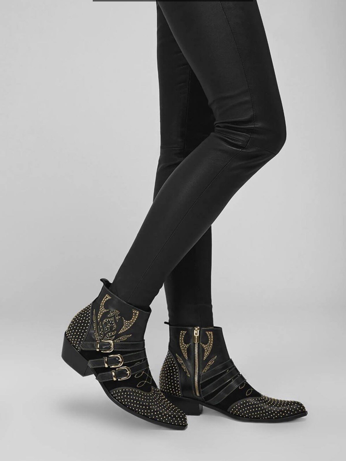Anine Bing Penny Ankle Boots 37 Black Gold Studded Zipper Buckles 6.5 US