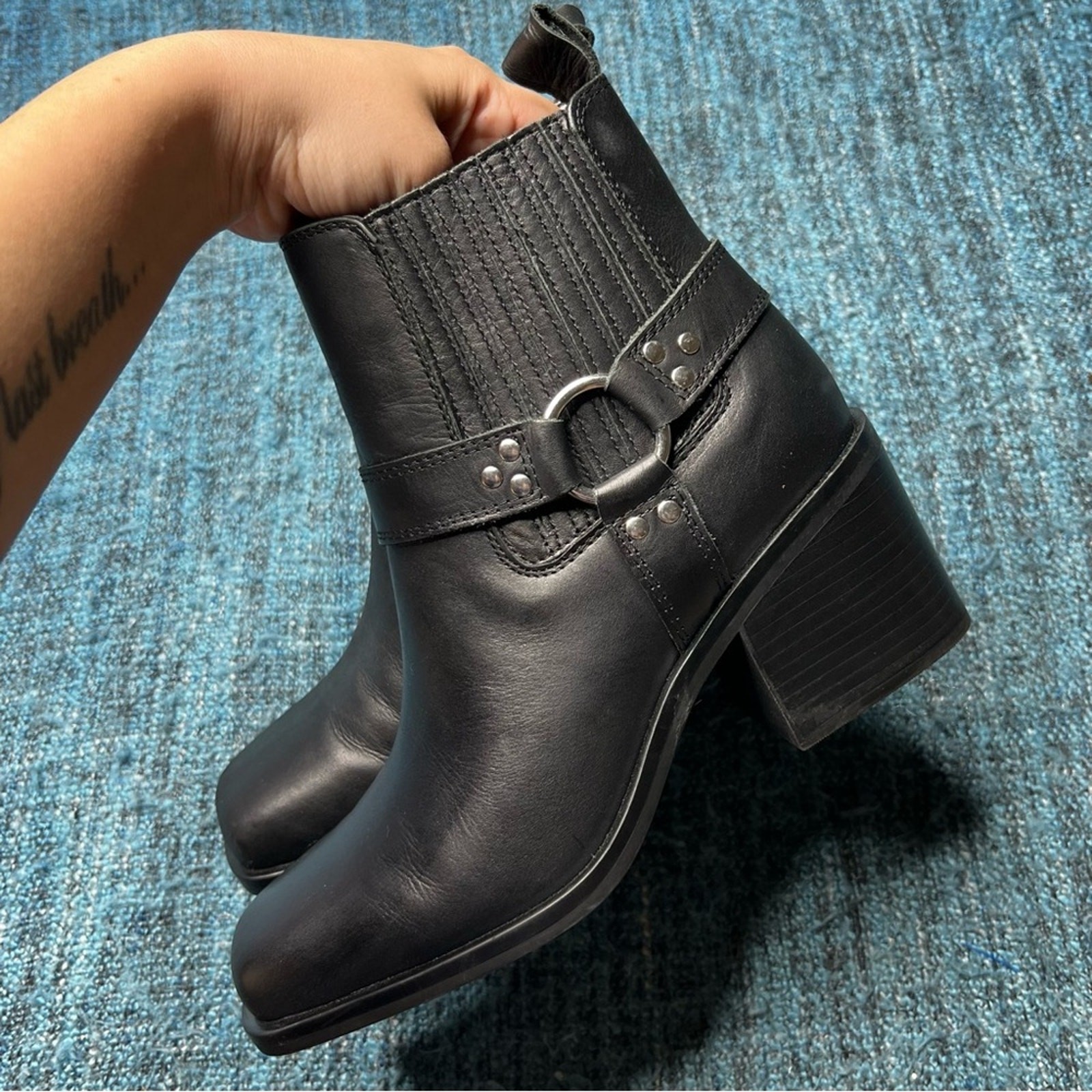Steve Madden Wells Black Leather Harness Boots Square Toe with Heel Women’s 8