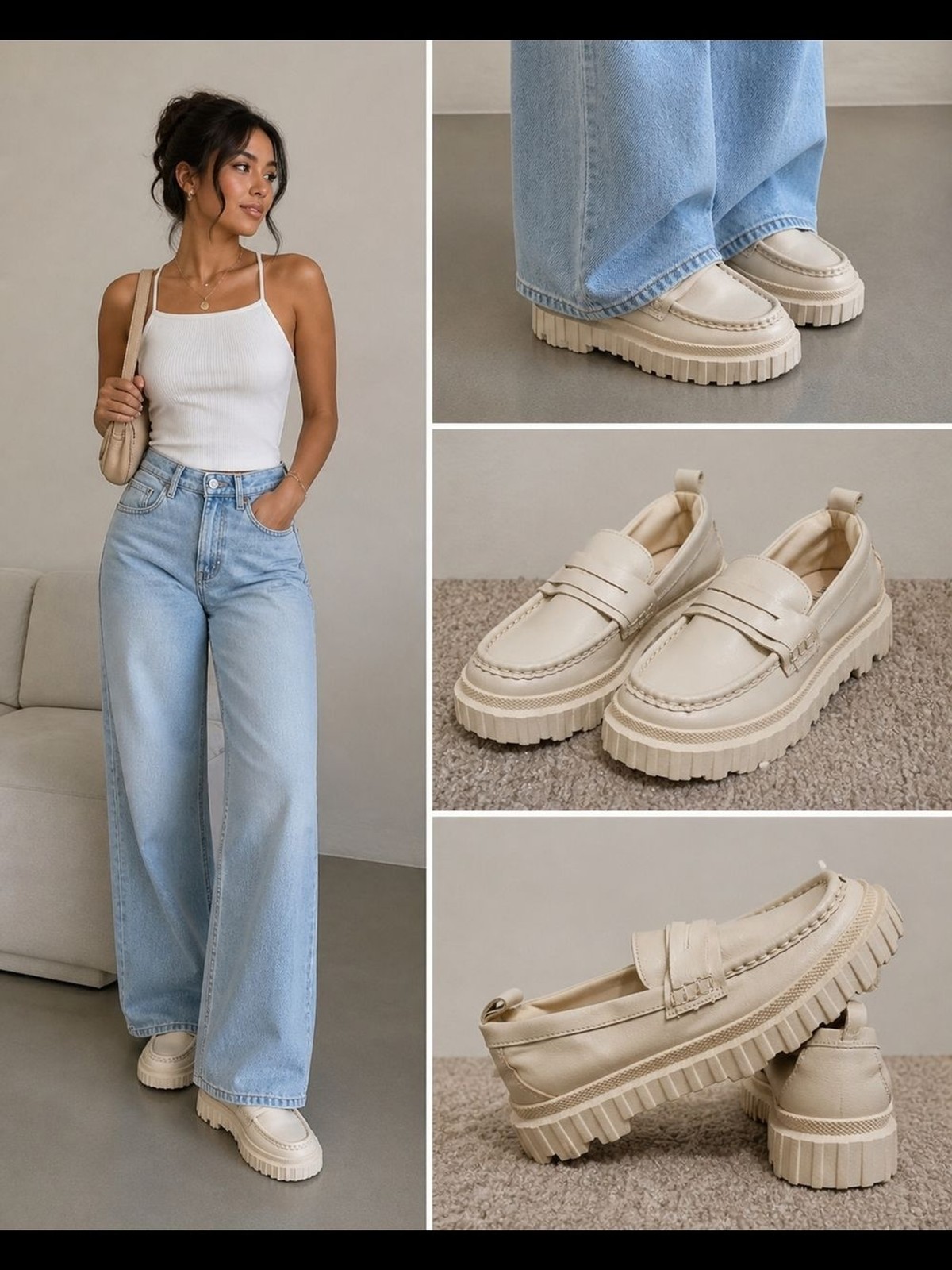 ZARA 90s Chunky Platform Loafers Beige | Preppy Street Style | US 5.