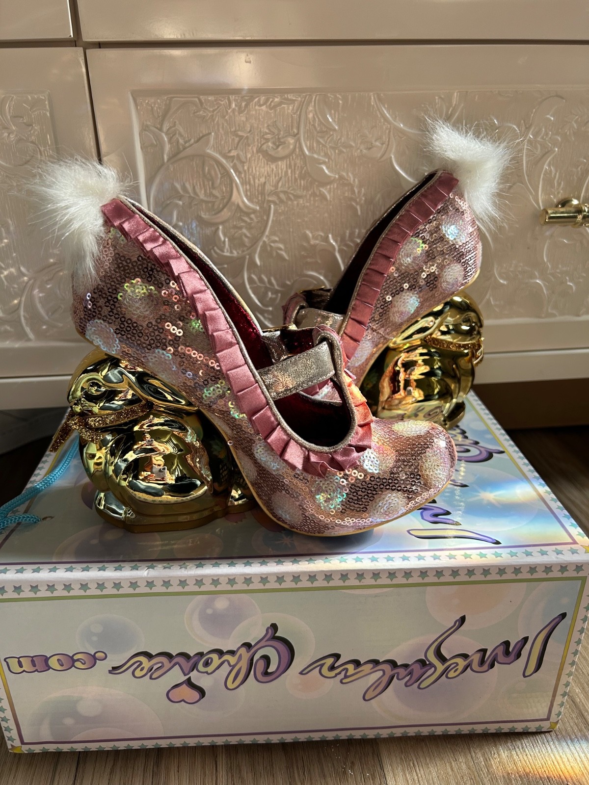 Pink sequin kawaii fluffy tail gold bunny shoes Irregular Choice size 5.5