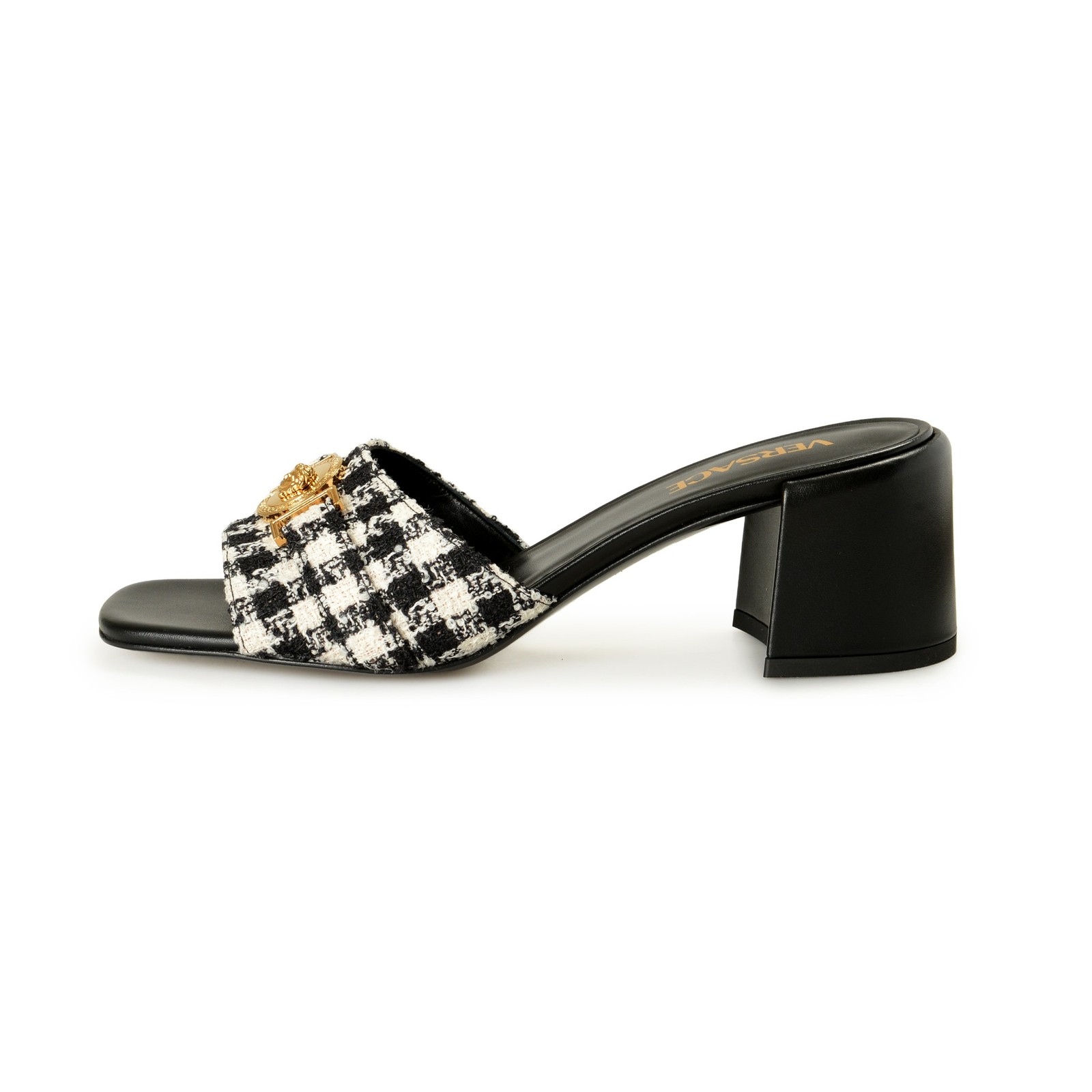 Versace Women’s Check Gold Medusa Heeled Sandals Mules Shoes US 6 IT 36