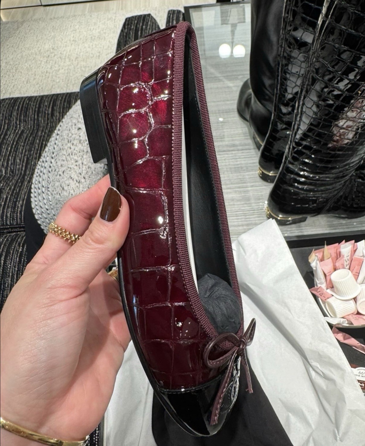 CHANEL Croc Embossed Ballet Flats, Bow Logo