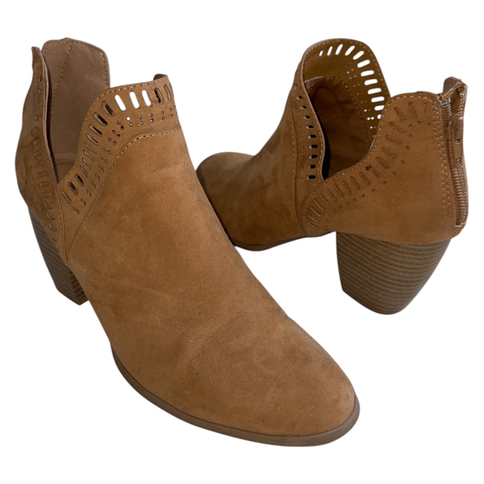 Brown Suede Ankle Booties 5 Block Heel Zip Square Toe Boho Western Minimalist