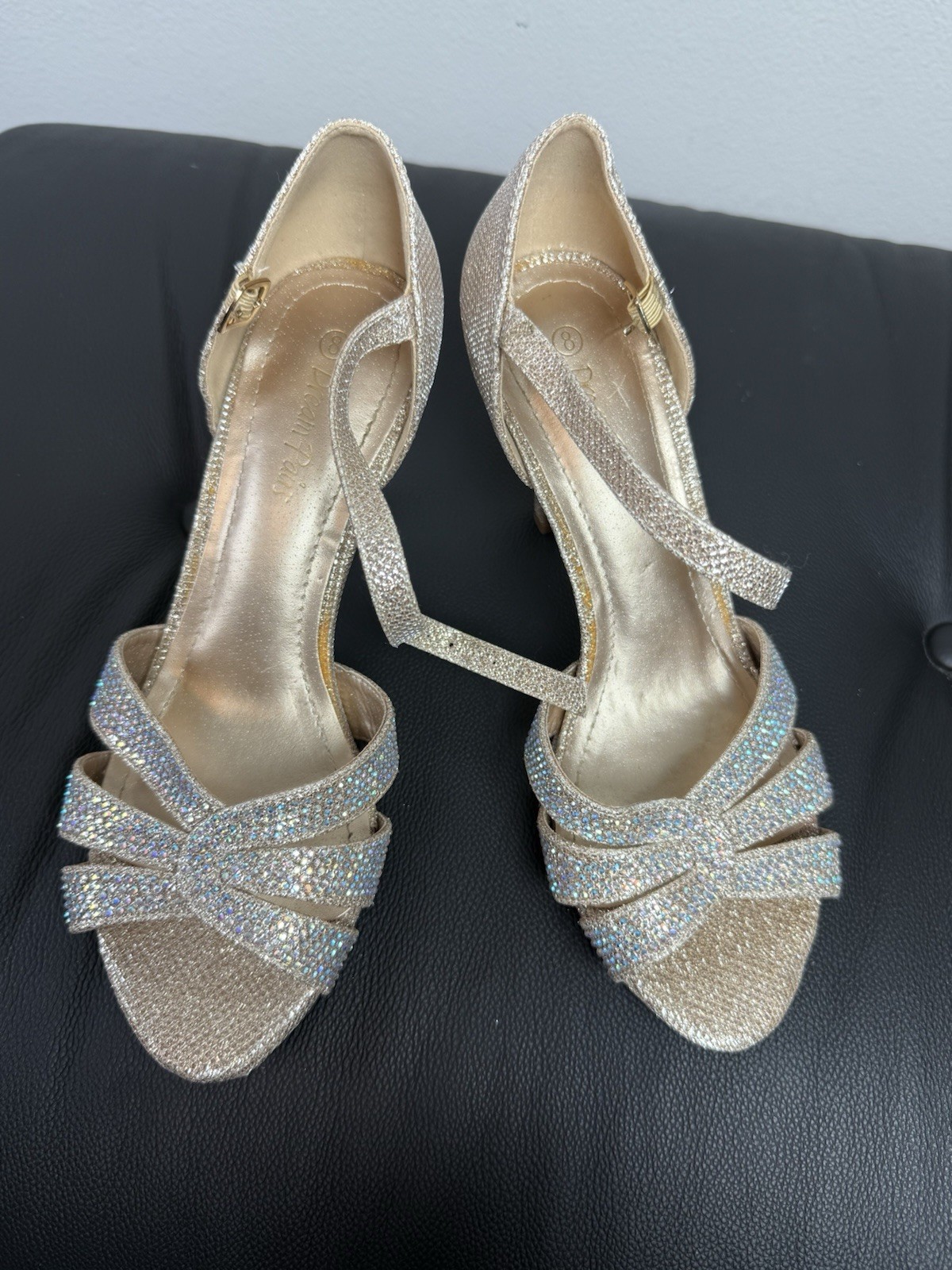 Women’s Gold Glittery Rhinestone Ankle Strap Heels size 8 Wedding Guest Party