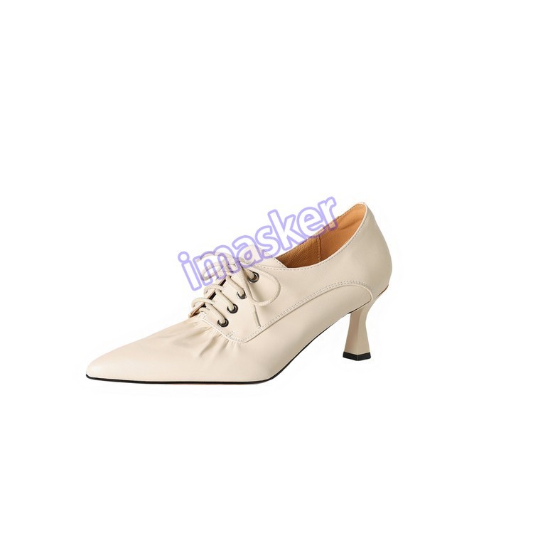 Womens Pointed Toe Real Leather 6.5cm Mid Stiletto Heel Lace Up Low Top Shoes Sz