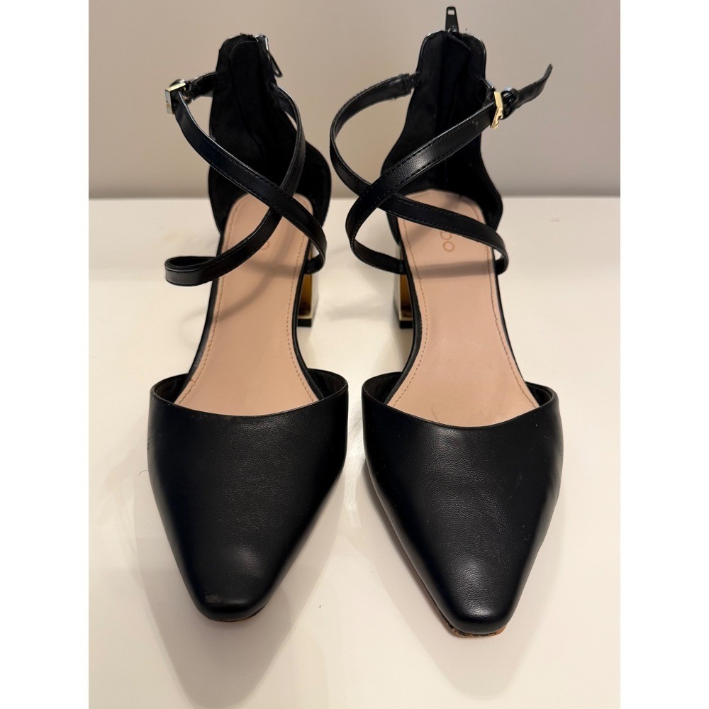 Aldo Black Pointed Toe Crisscross Ankle Strap Tortoise Gold Block Heel Pumps