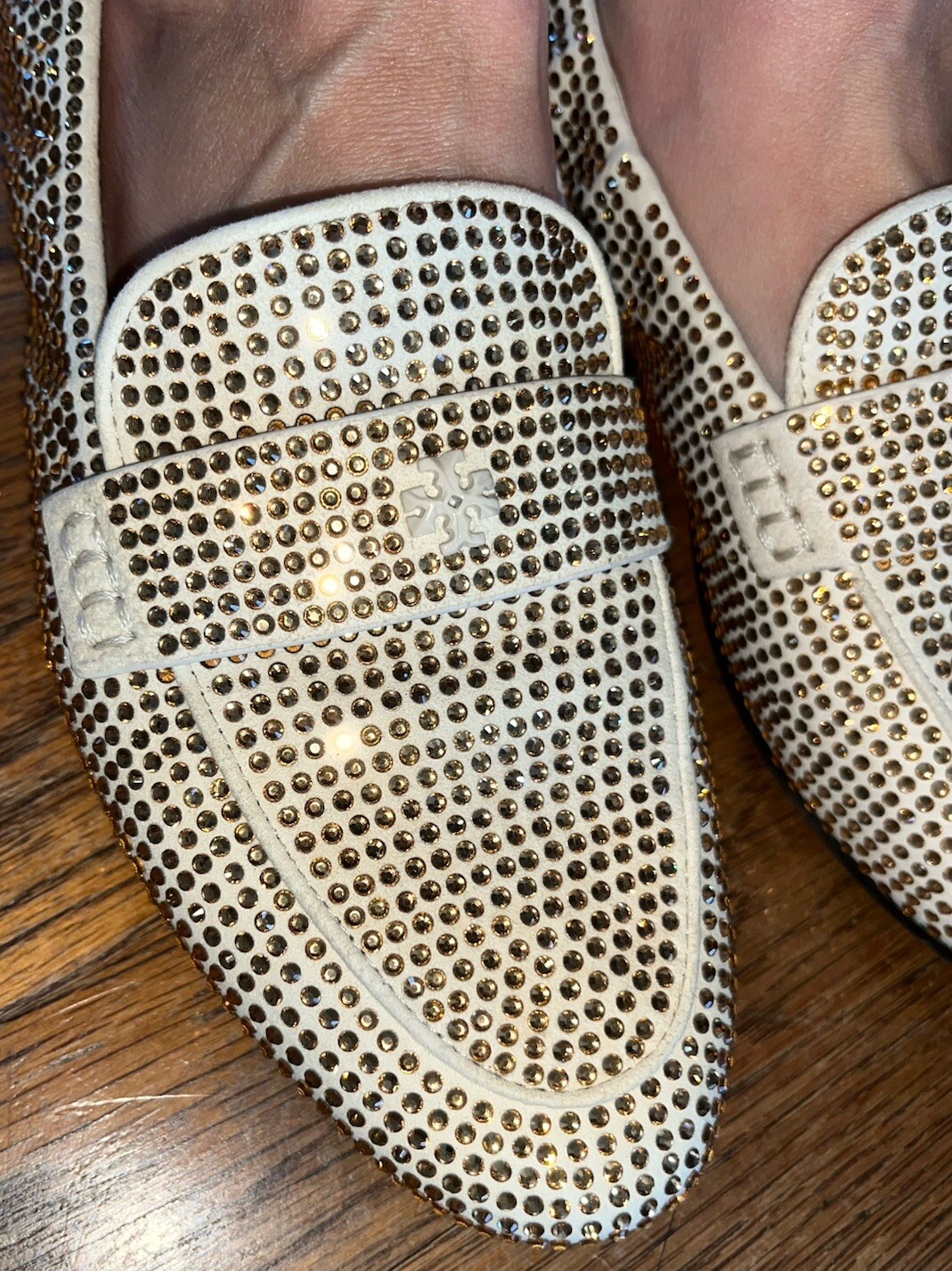 Tory Burch Champagne Crystal Covered Cream Suede Ballet Flats Loafer Sz 7.5 EUC!