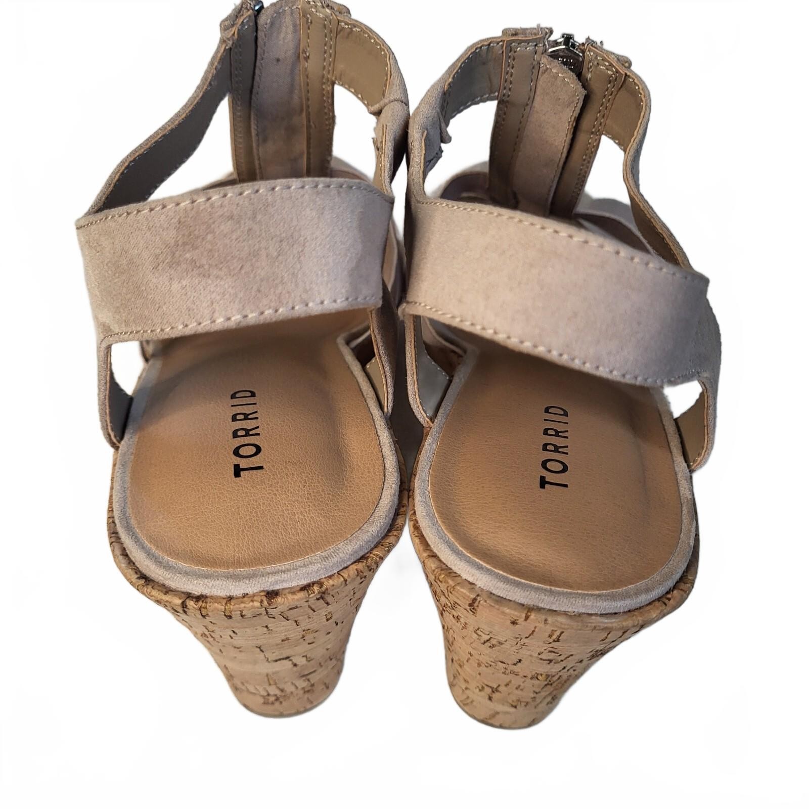 Torrid Beige Wedge Sandals with Front Zipper and Cork Heel, Size 10.5WW