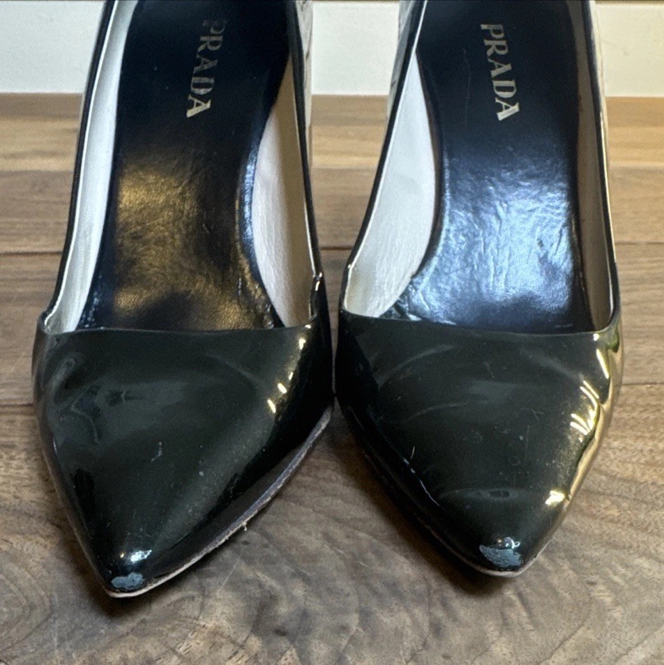 Prada Pumps Black Patent Leather Size 36 Pointed Toe Heels Designer 3.5 In Heel
