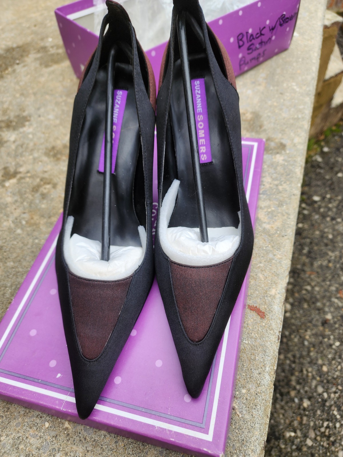 Womens Black & Brown Satin Heels Sz 8W by Suzanne Somers