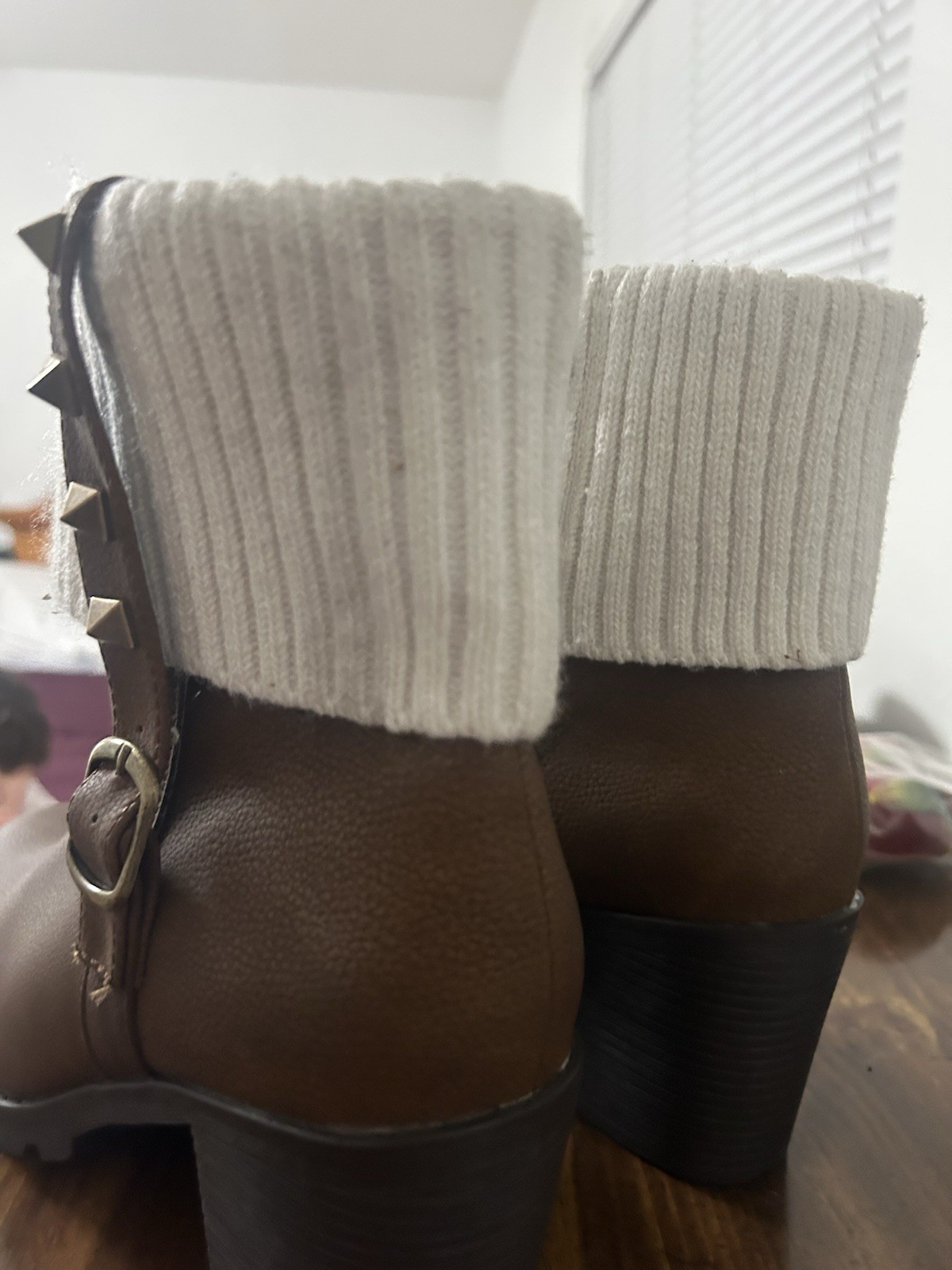 Secret Celebrity Brown Faux Leather Knit Ankle Bootie Zip Buckle Stud Cuff