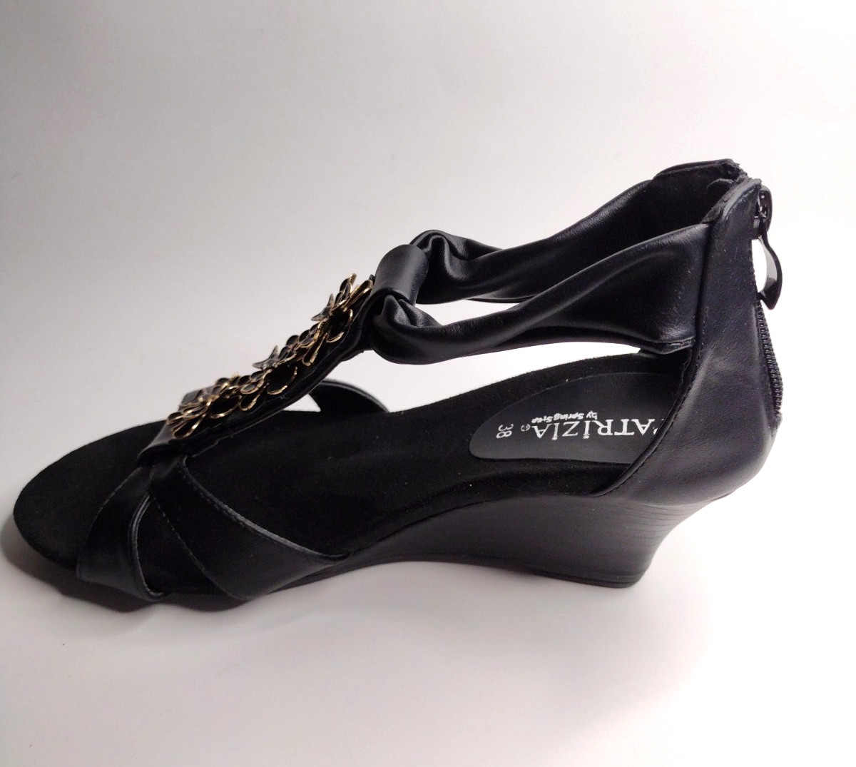 PATRIZIA By Spring Step Size 8 (38) Black Leather Floral Brooches Wedge Heel NEW
