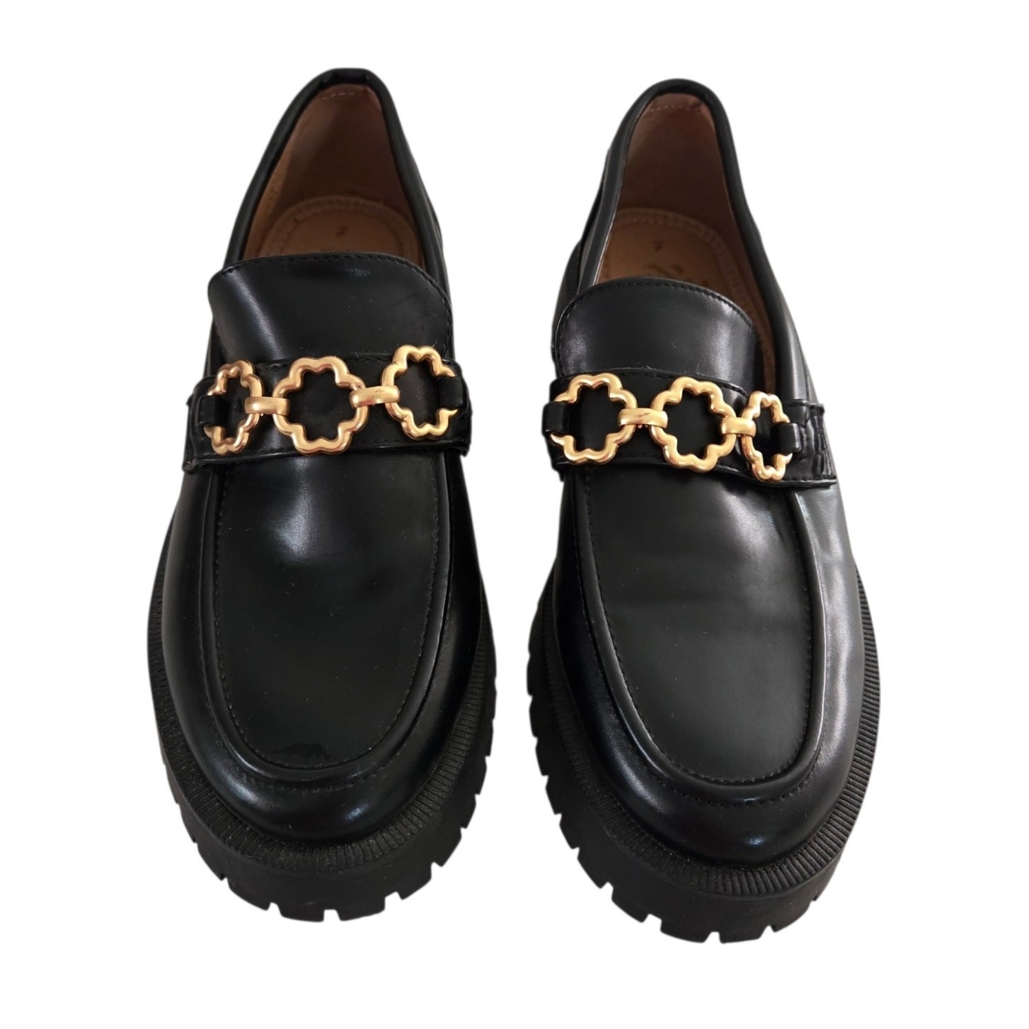 Sam & Libby Sz 7 Remi Lug Sole Chunky Loafers Academia Preppy Grunge Black Gold