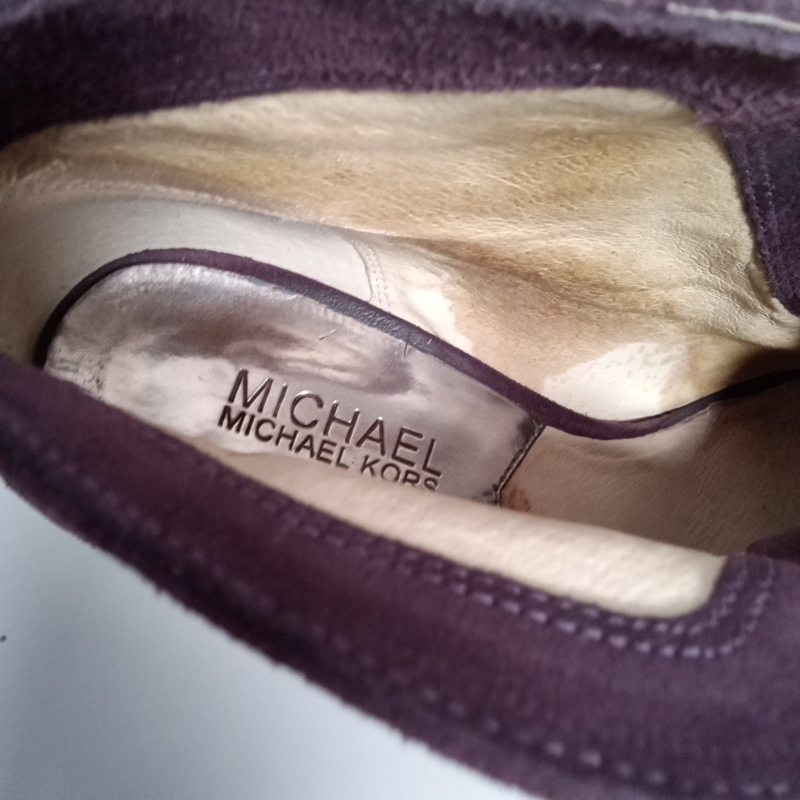 Michael Kors Plum Purple Suede Peep Toe Platform Ankle Boots MK Logo 7M