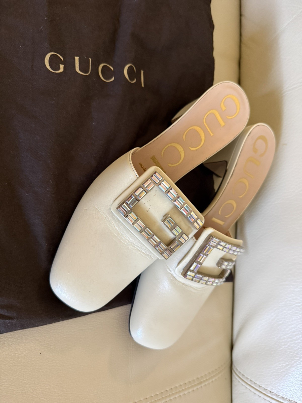 Gucci Madelyn Crystal Square G Logo Ivory Leather Mules Slides Heels Size 37.5