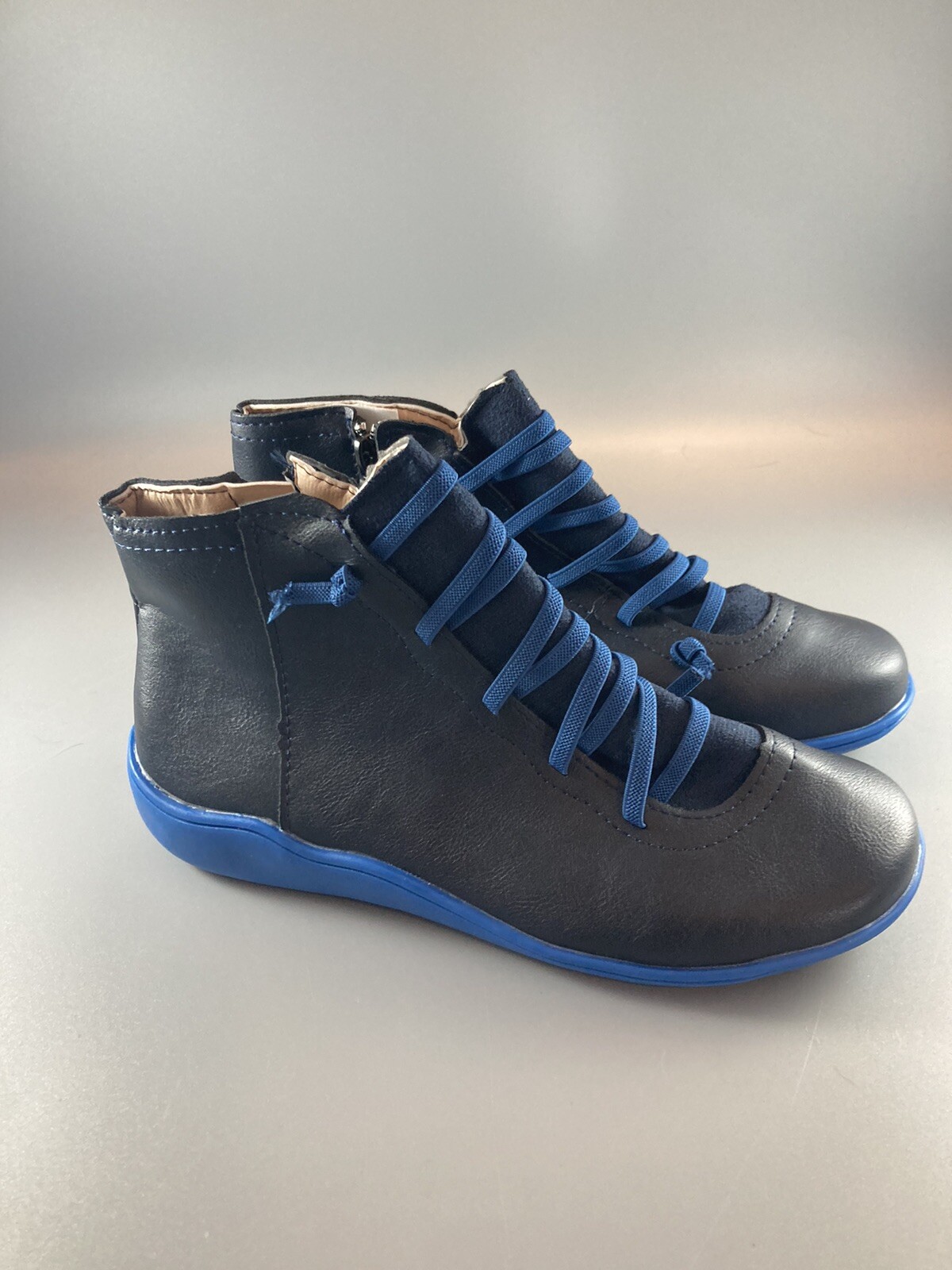 Womens Retro 7 Lace-Up Zip Casual Ankle Boots Solid Color Round Toe Black Blue