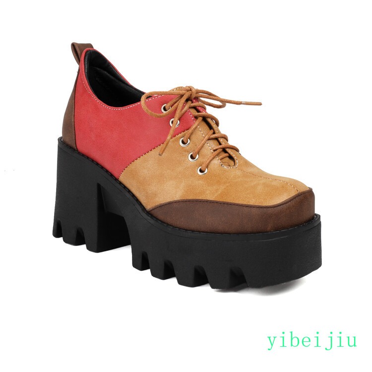 Women’s Platform Shoes Patchwork Two Tone High Block Heel Colorblock Lady Retro