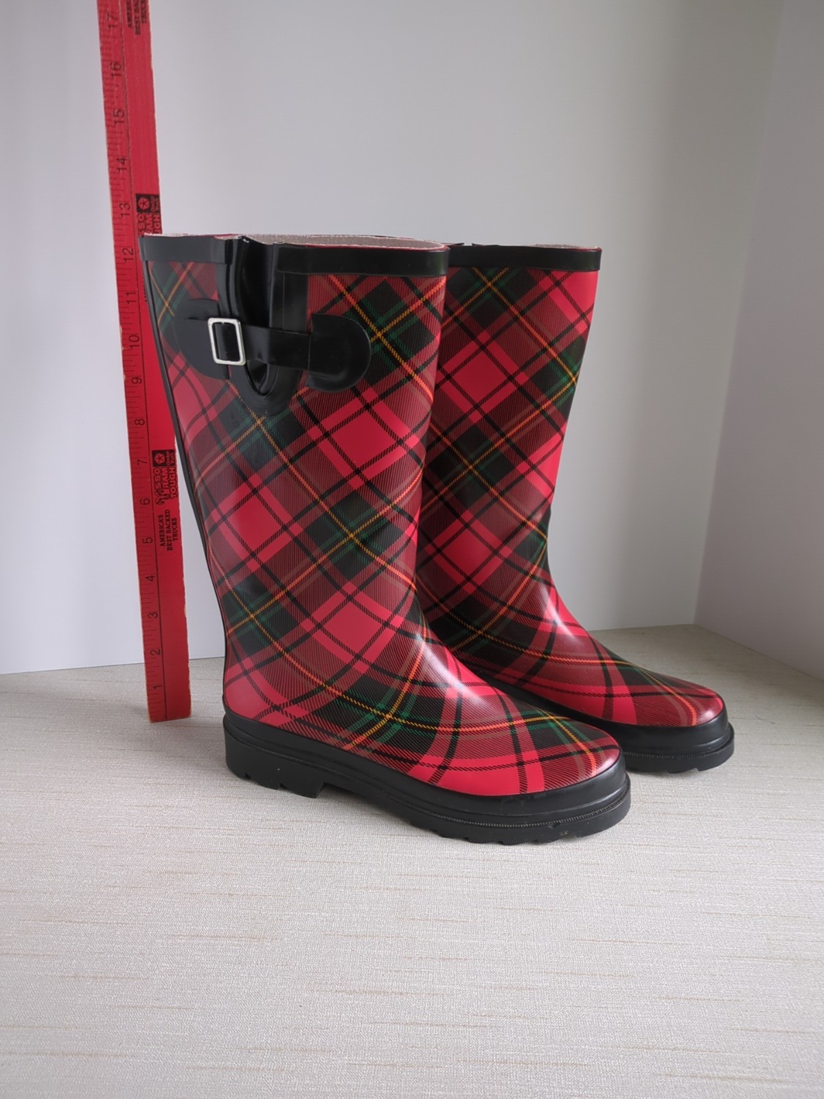 VIA ROSA, plaid tall women’s rain boats, Size 6, Side buckle, Exc.Cond.