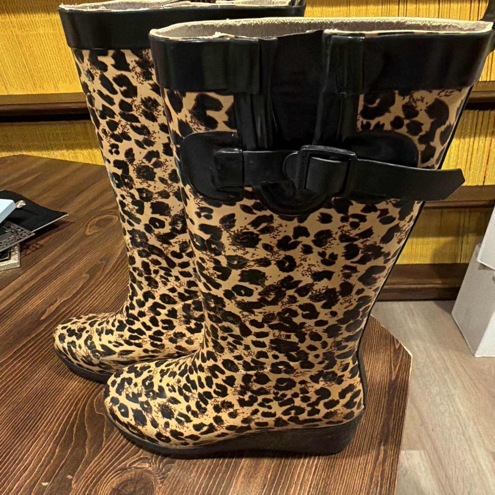 Women’s Knee High Rubber Rain Boots Leopard Animal Print Buckle Pull-On 8