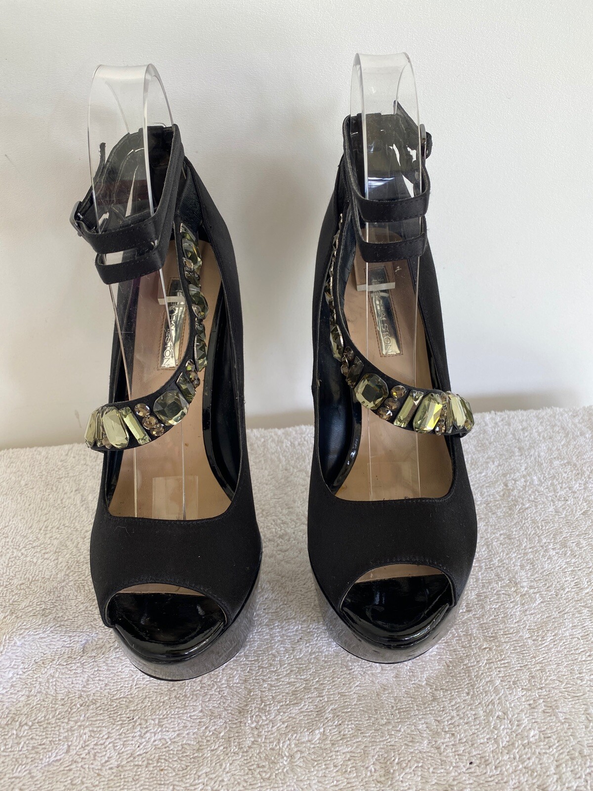 H BY HALSTON SEXY BLACK JEWELED SATIN PLATFORM GRETA PARTY HEELS 7.5 M
