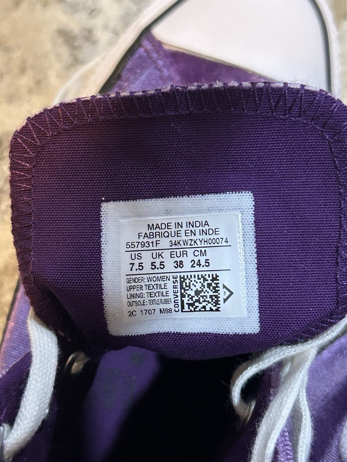 Purple Converse Size 7.5, Fuzzy outside #557931F with Plastic Shoe Storage Box