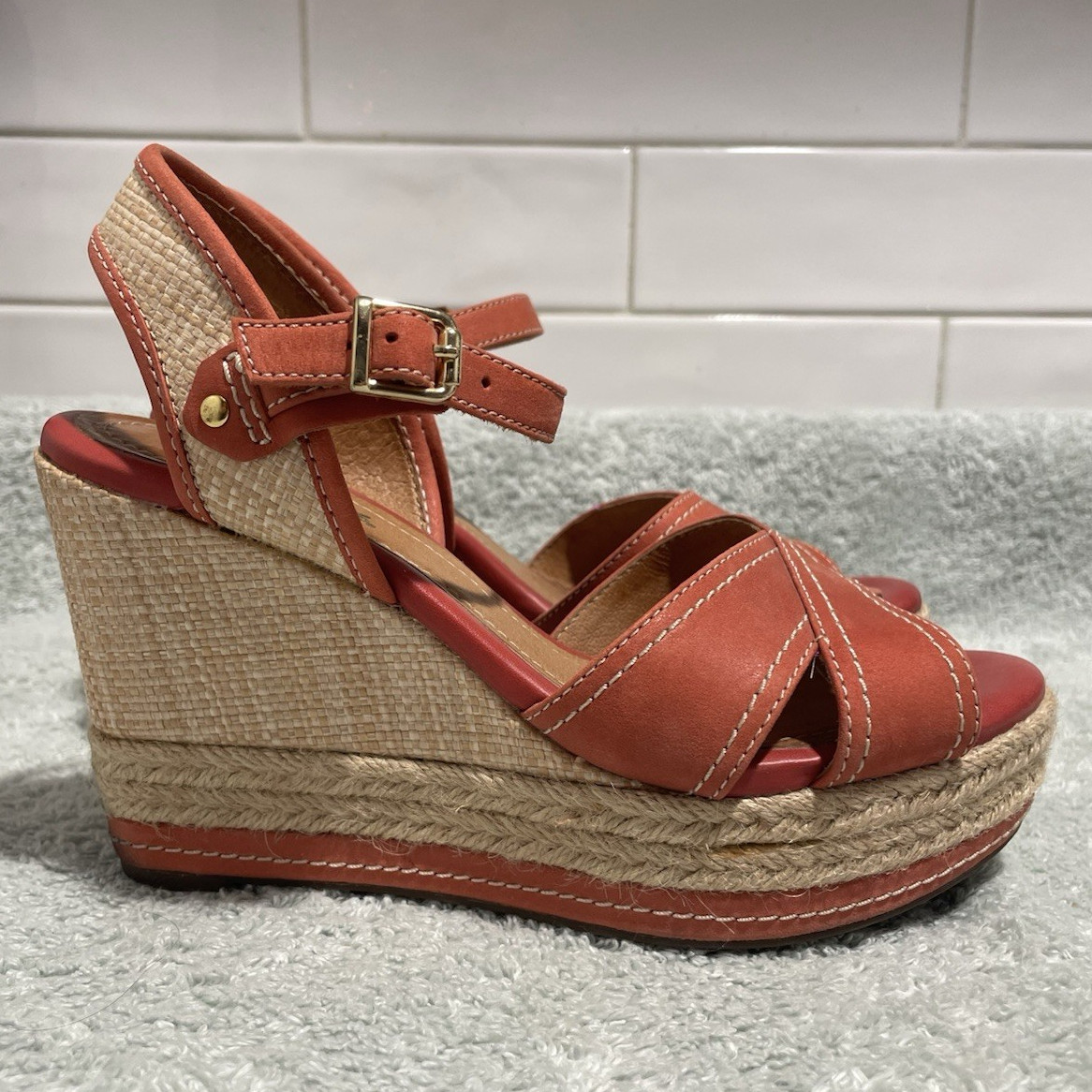 Clarks Orange/Beige Leather Wedge Espadrille Sandals Ankle Strap Buckle 5.5