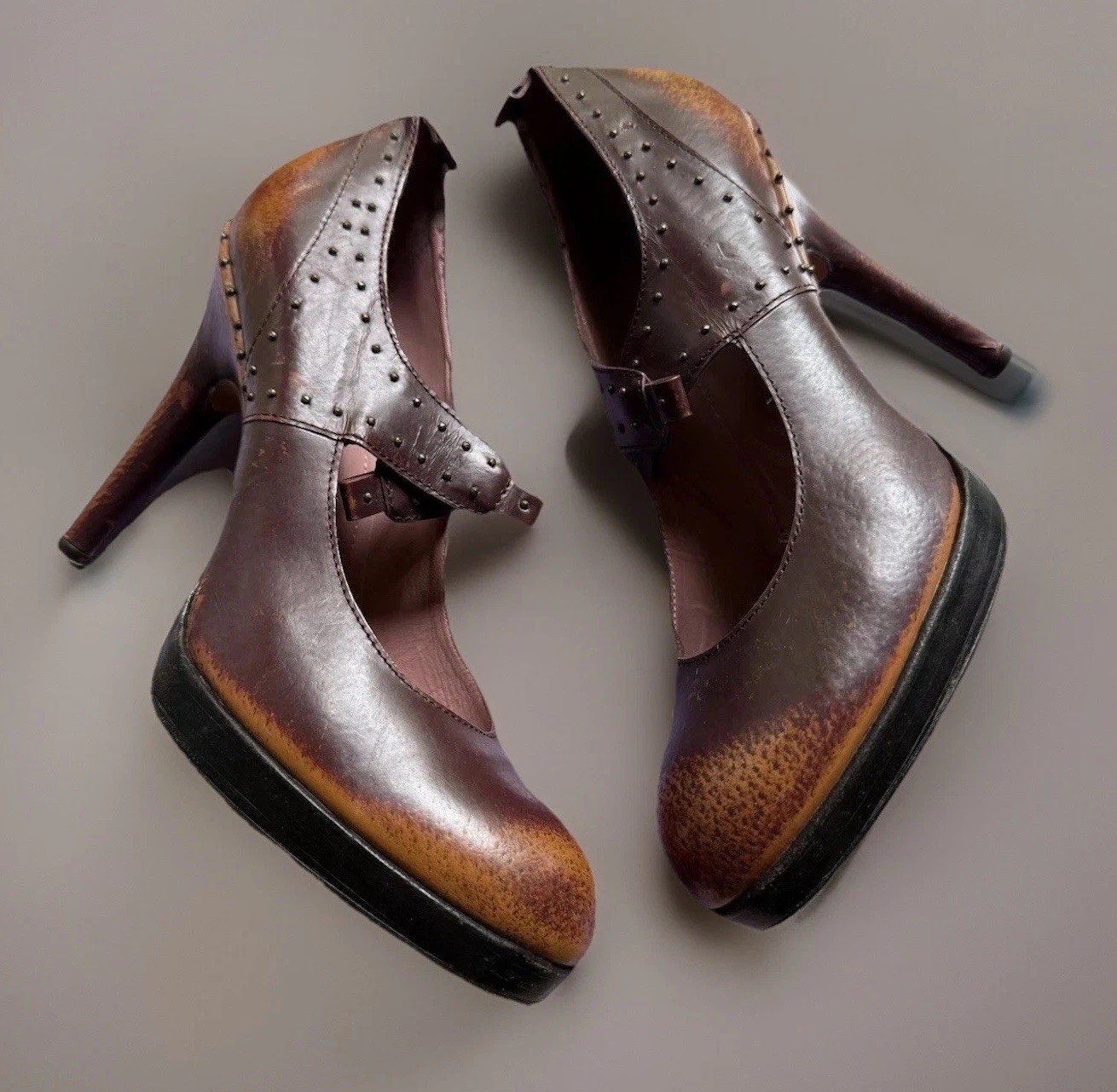 Derek Lam Studded Tan Brown Leather High Heels Western 38 US 7.5 Boho 4 Inch