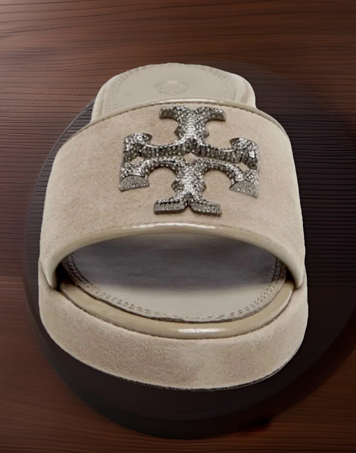 TORY BURCH ELEANOR SLIDE SANDAL CRYSTAL LOGO SUEDE GRAY HERON SZ US 8 NIB