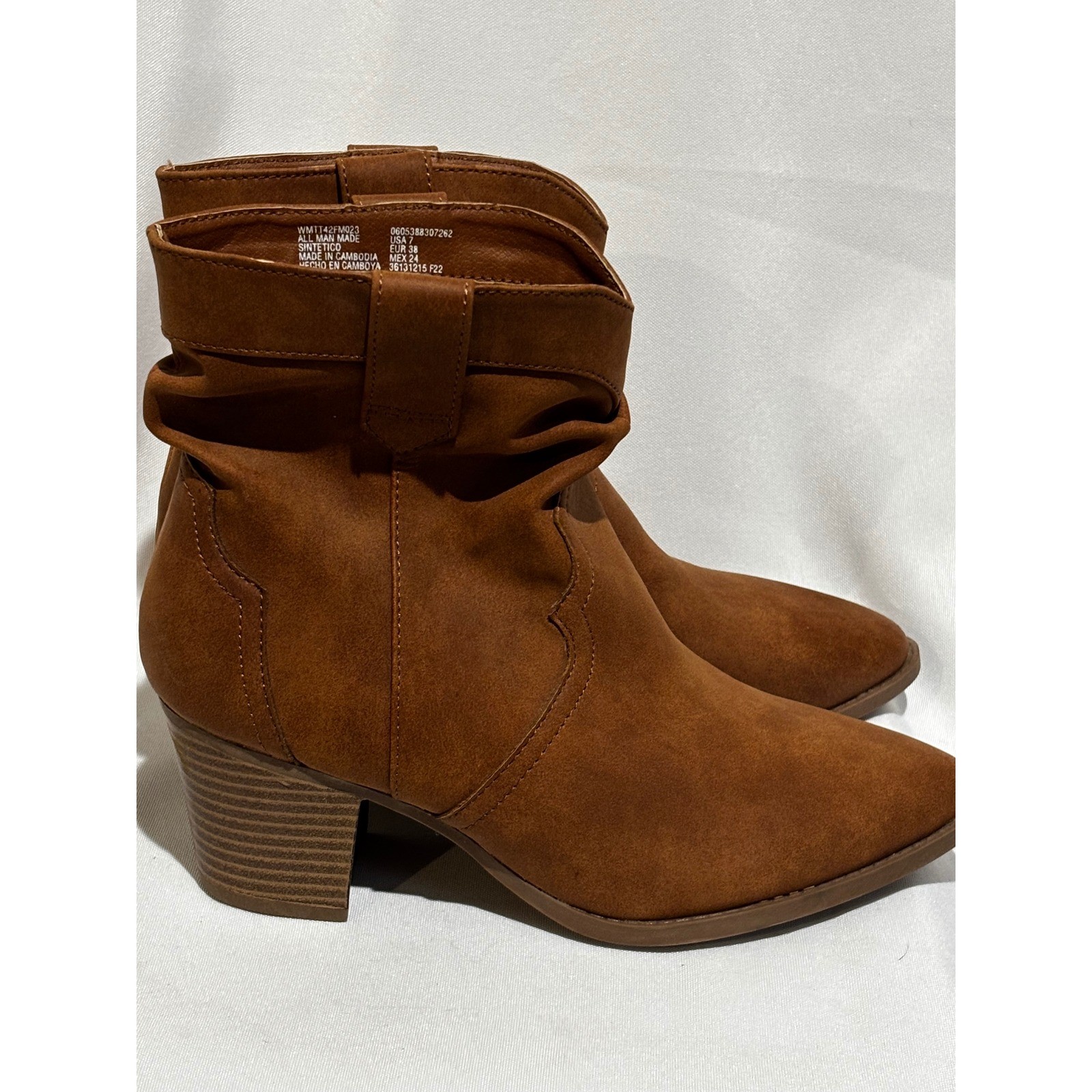Womens Brown Faux Suede Ankle slouch Boots Western Style Block Heel Size 7 work