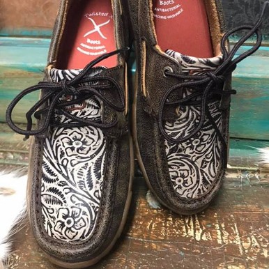 Twisted X Women’s Brown and Floral Embossed Boat Shoe Driving Moc SMUWDM53
