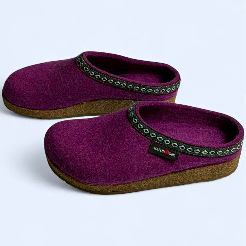 NWOT Haflinger GZ Women’s Wool Slip-On Clog Slippers Mulberry Embroidered US 7