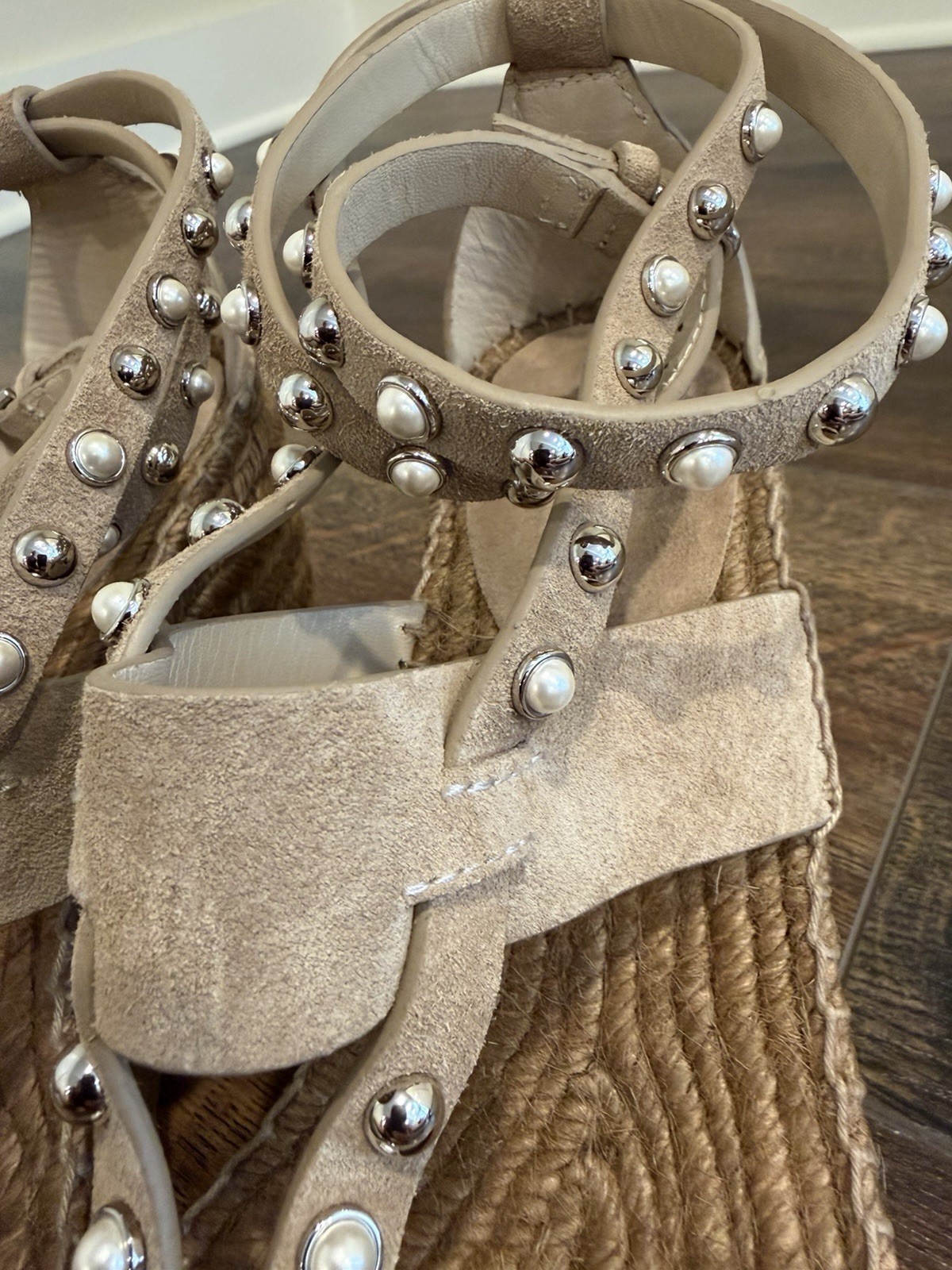 NEW! Jimmy Choo Women’s Suede Light Brown Pearl & Silver Studded Wedges Size 40