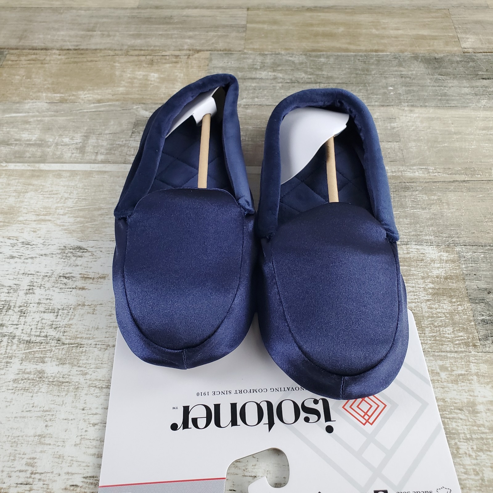 Isotoner Ivy Womens Moccasin Slippers Sz 9.5 – 10.5 Navy Spandex Velour Stretch