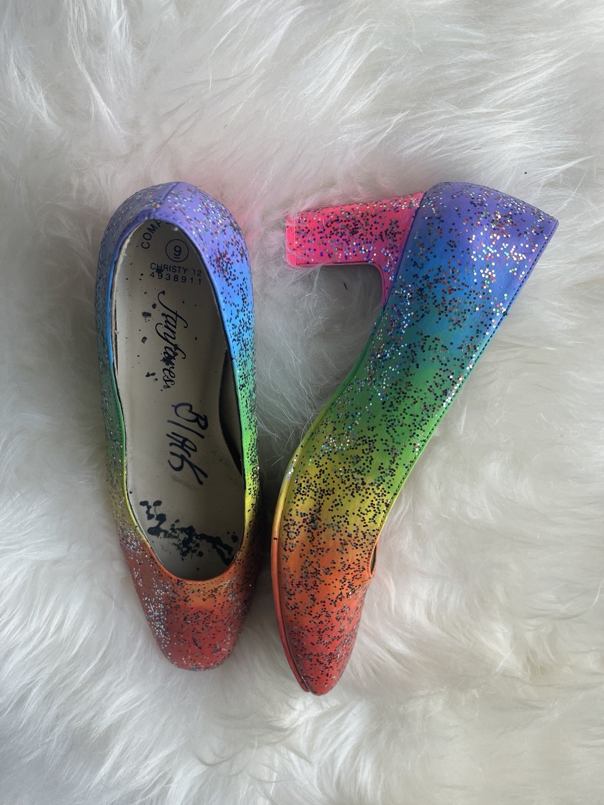 Upcycled Painted And Bedazzled Neon Rainbow Gradient Glitter Block Heels