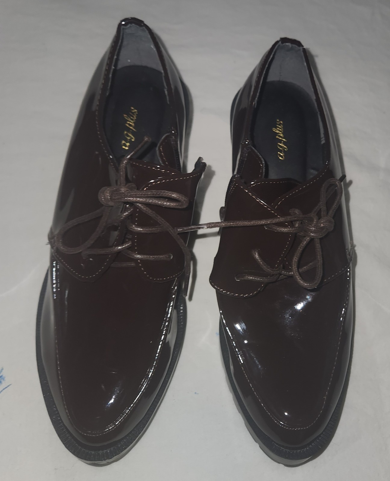 Women’s Brown Patent Look Lace-Up Dress Shoes W/ Side Zip Size 7