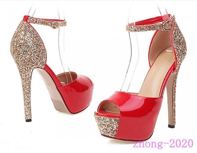 Womens Sandals Faux Leather Sequins Splice High Heels Peep Toe Party Dress Shoes