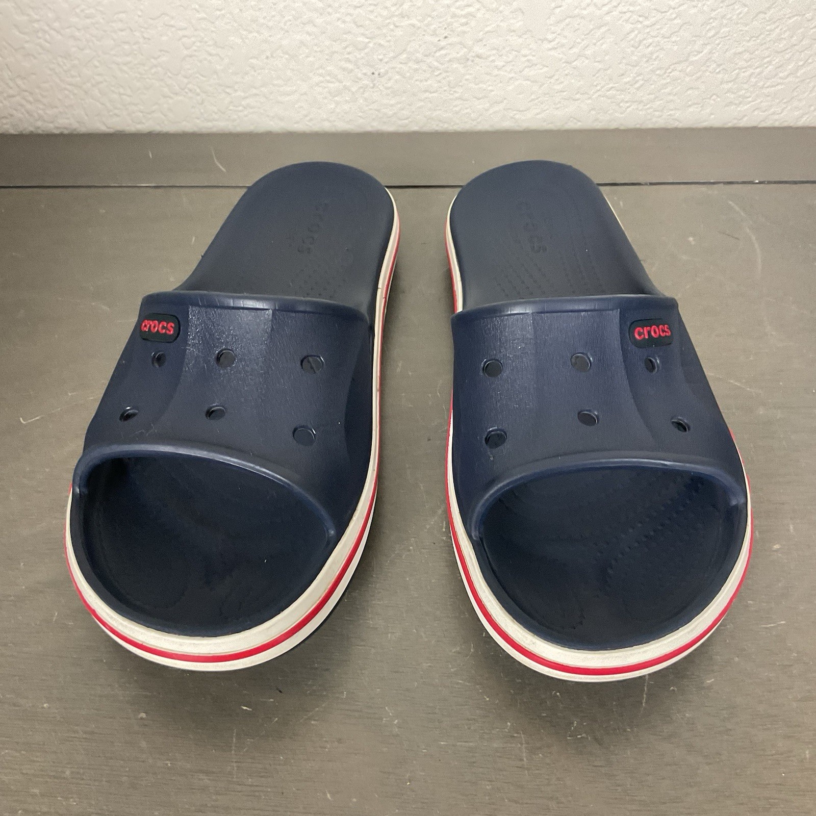 Crocs Slides Navy Blue With Red/White Bayaband Comfort Slip On Shoes US Sz 8/10