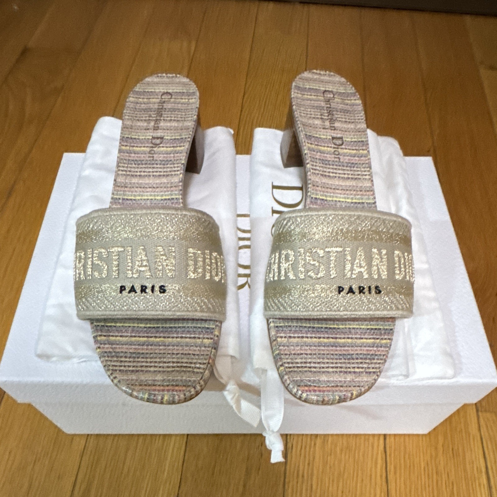 Christian Dior Women’s Gold Logo Striped Fabric Slip On Slide Sandals US 8.5
