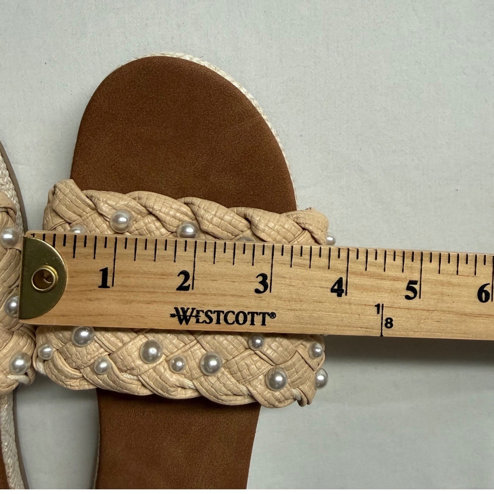 SO Pearl Studded Woven Slide Sandals Womens 7 Medium Beige Raffia Boho