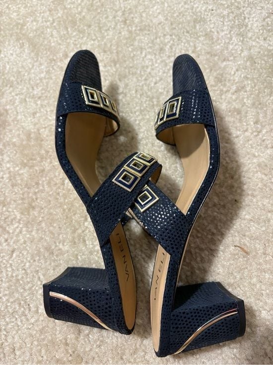 Vaneli Navy Double-Strap Slide Mules with Gold Square Accents