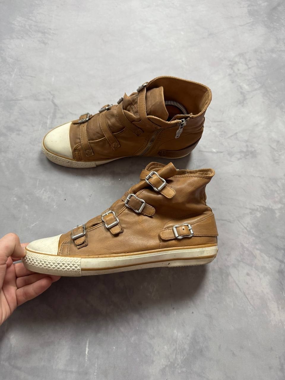 ASH Limited Brown Leather High Top Sneakers Buckle Strap Zip Women EU 40