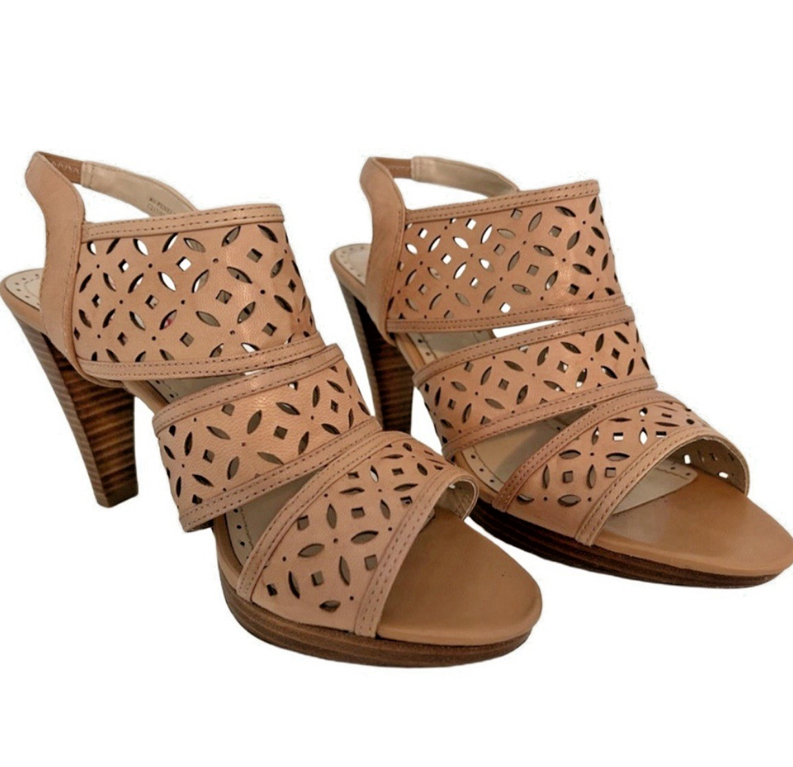 Adrienne Vittadini tan block heeled three strap sandals with cut outs. Size 10