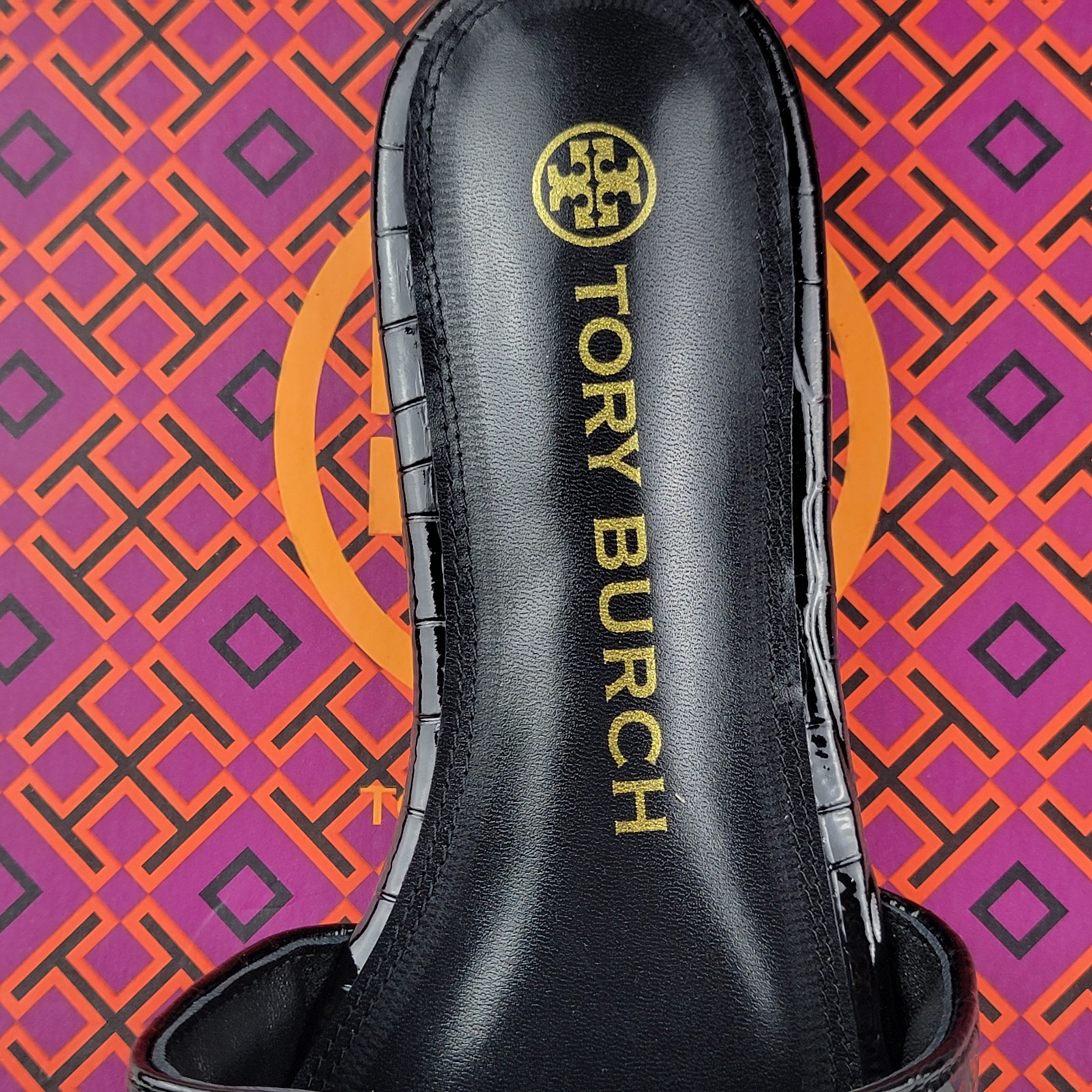 Tory Burch Eleanor Size 8 39 Sandals Black Leather Croc Gold Logo Slides New Box