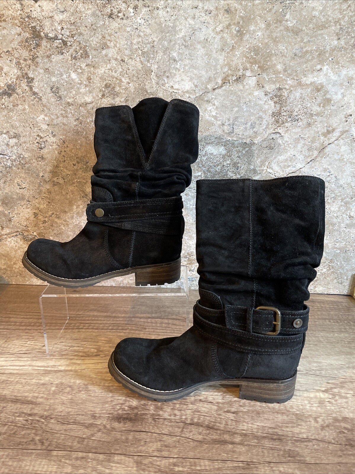 Clarks Women’s Majorca Villa Boots Size 6.5 Slouch Pull On Black Suede Biker